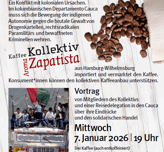 Solidarischer Kaffee für indigene Selbstbestimmung: Vortrag von Mitgliedern des Kollektivs